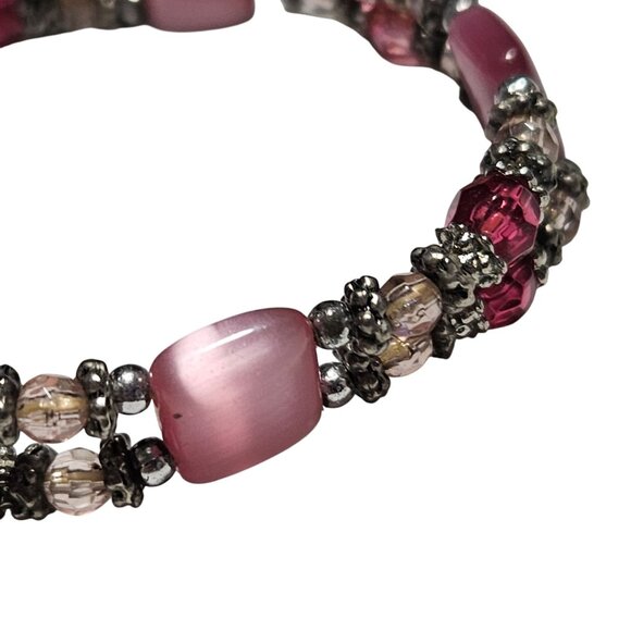 Elegant Pink Silver Beaded Stretch Bracelet Classic Fashion Jewelry Women - Picture 2 of 4